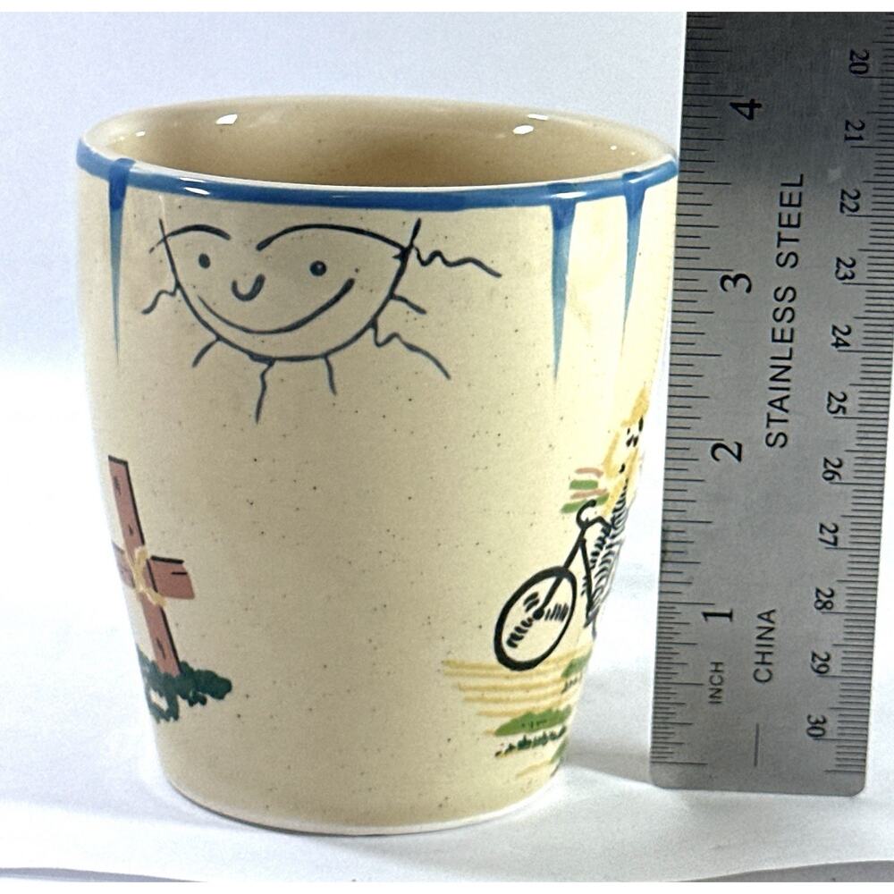 Vintage Kyuei Japan Stoneware Mug Girl on Bicycle Folk Art Coffee Cup 3.75” - Picture 5 of 9